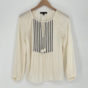 Banana Republic Womens Boho Tassel Embroidered Blouse Size XSP Ivory Long Sleeve